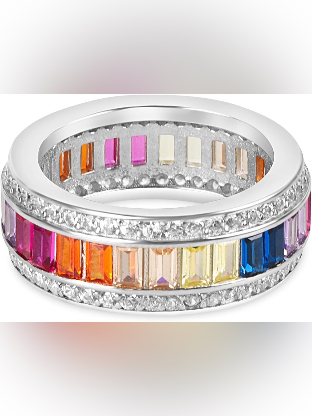Women's Rainbow Gemstone Eternity Band Ring 925 Silver sz 9 - Picture 6 of 11